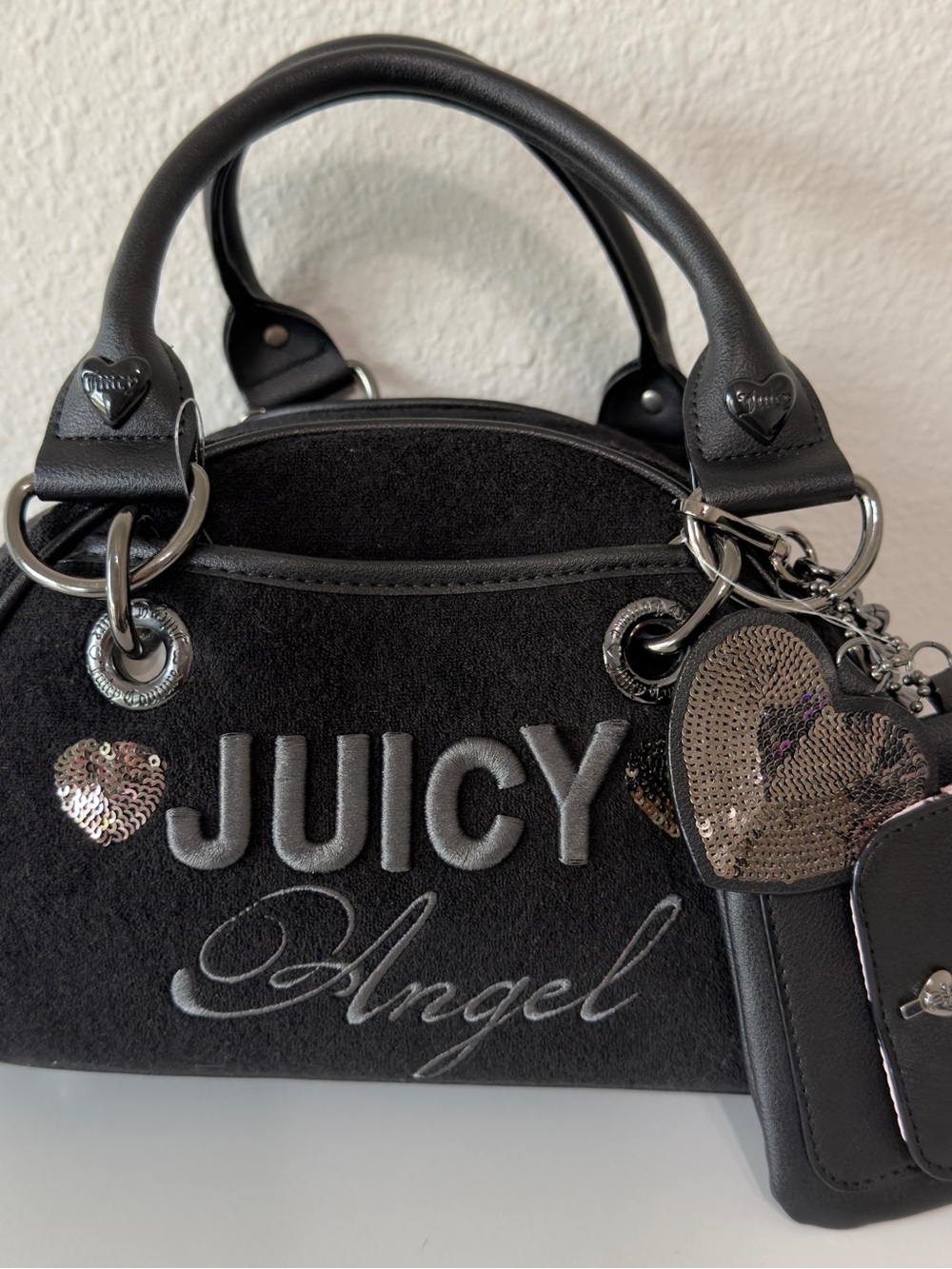 Juicy Couture Black Mini 'Juicy Angel' Top-Handle Bag with Sequin Hearts